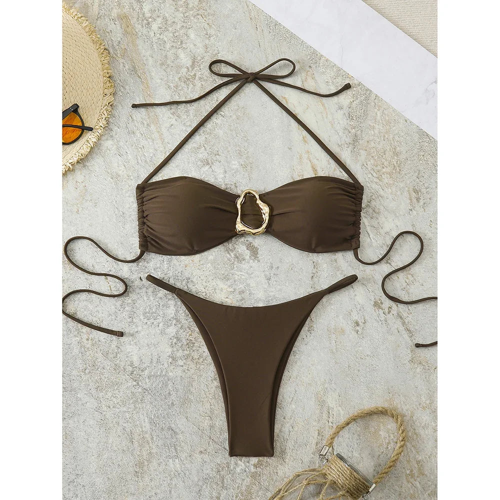 Bandeau Bikini Set - Sexy Two-Piece Swimwear With Push Up, Low Waist Thong - ZOOMNSTORE