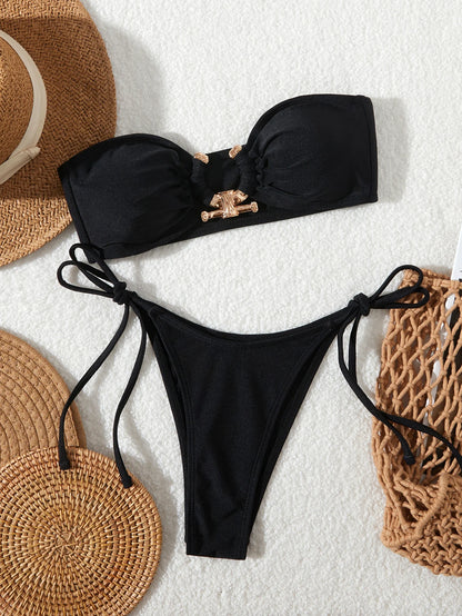 Shiny O Ring Bandeau Bikini - Womens Low Waisted Swimsuit with Padded Bra - ZOOMNSTORE