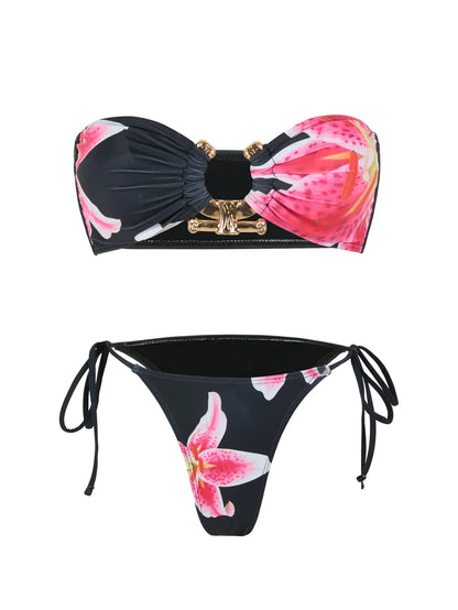 Shiny O Ring Bandeau Bikini - Womens Low Waisted Swimsuit with Padded Bra - ZOOMNSTORE