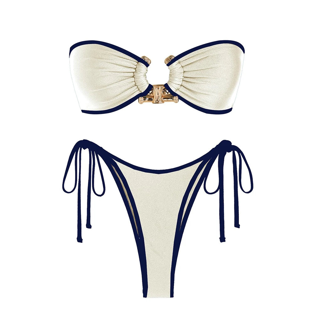 Shiny O Ring Bandeau Bikini - Womens Low Waisted Swimsuit with Padded Bra - ZOOMNSTORE