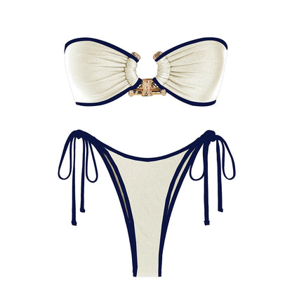 Shiny O Ring Bandeau Bikini - Womens Low Waisted Swimsuit with Padded Bra - ZOOMNSTORE