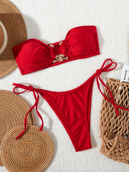 Shiny O Ring Bandeau Bikini - Womens Low Waisted Swimsuit with Padded Bra - ZOOMNSTORE