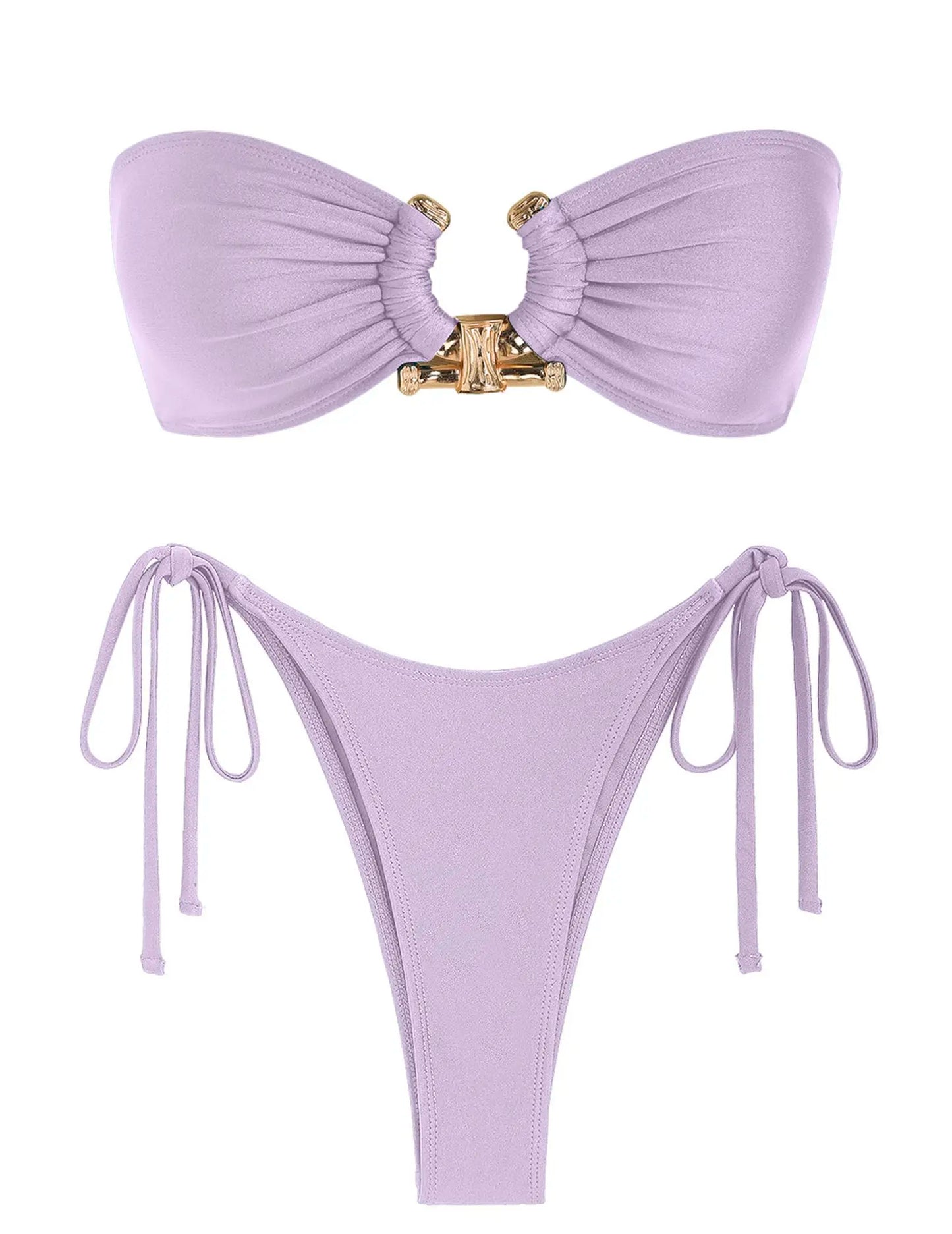 Shiny O Ring Bandeau Bikini - Womens Low Waisted Swimsuit with Padded Bra - ZOOMNSTORE