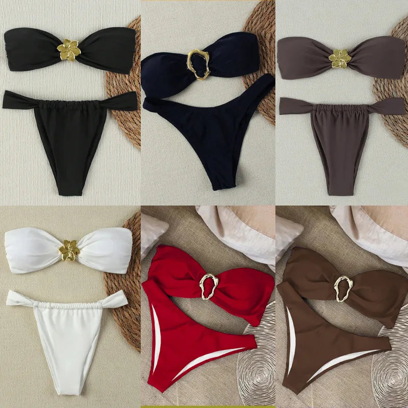 Bandeau Push-Up Bikini - Sexy Two Piece Swimsuit with Brazilian Thong & Button Detail - ZOOMNSTORE
