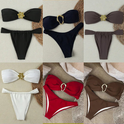 Bandeau Push-Up Bikini - Sexy Two Piece Swimsuit with Brazilian Thong & Button Detail - ZOOMNSTORE