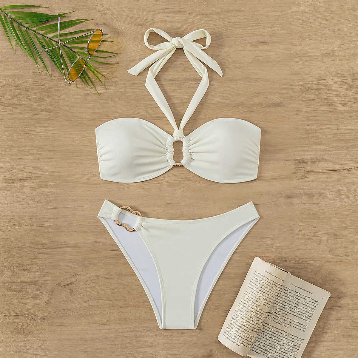 Bandeau Push-Up Bikini - Sexy Two Piece Swimsuit with Brazilian Thong & Button Detail - ZOOMNSTORE