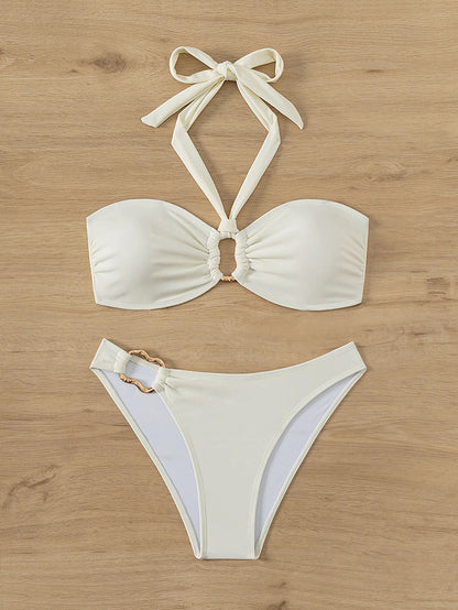 Bandeau Push-Up Bikini - Sexy Two Piece Swimsuit with Brazilian Thong & Button Detail - ZOOMNSTORE