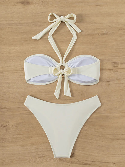Bandeau Push-Up Bikini - Sexy Two Piece Swimsuit with Brazilian Thong & Button Detail - ZOOMNSTORE