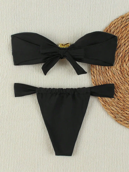 Bandeau Push-Up Bikini - Sexy Two Piece Swimsuit with Brazilian Thong & Button Detail - ZOOMNSTORE