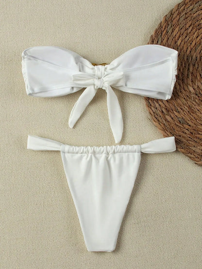 Bandeau Push-Up Bikini - Sexy Two Piece Swimsuit with Brazilian Thong & Button Detail - ZOOMNSTORE