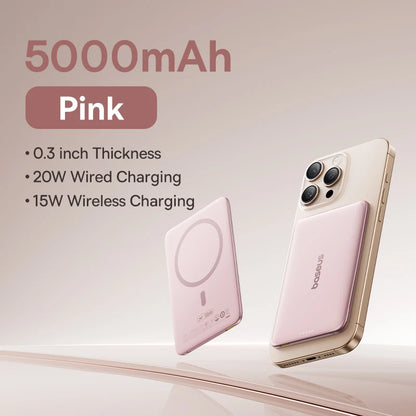 Baseus 5000mAh Magnetic Power Bank 15W Wireless 20W Wired Charging Thin Card-Sized Slim Portable Powerbank for iPhone Samsung - ZOOMNSTORE
