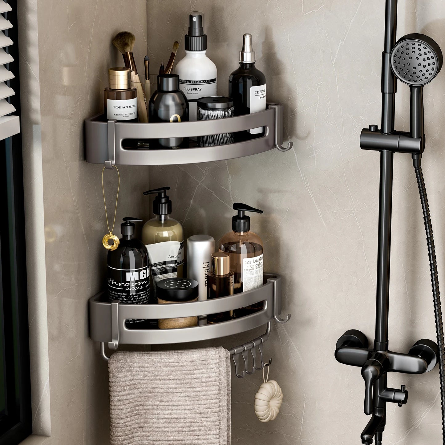Aluminum Corner Shower Rack - Wall Mounted Bathroom Storage Organizer - ZOOMNSTORE