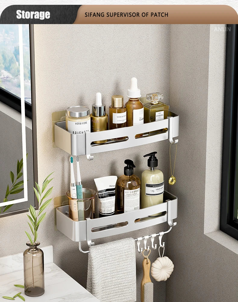 Aluminum Corner Shower Rack - Wall Mounted Bathroom Storage Organizer - ZOOMNSTORE