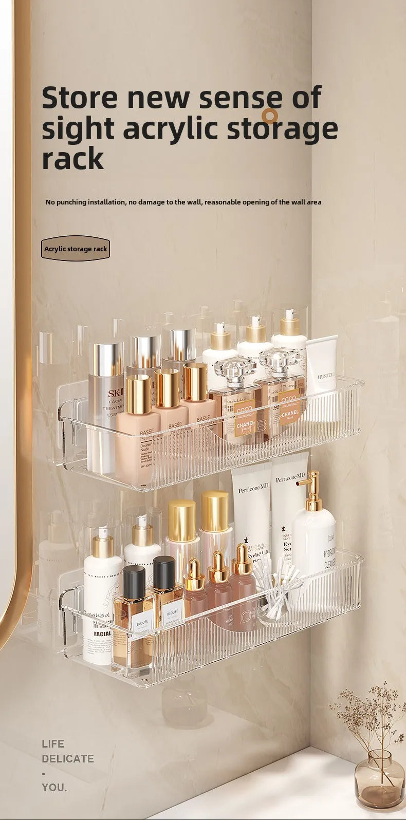Bathroom Storage Rack - Wall Mounted Cosmetic & Skincare Organizer Shelf, No Drilling, Strong Load Bearing - ZOOMNSTORE