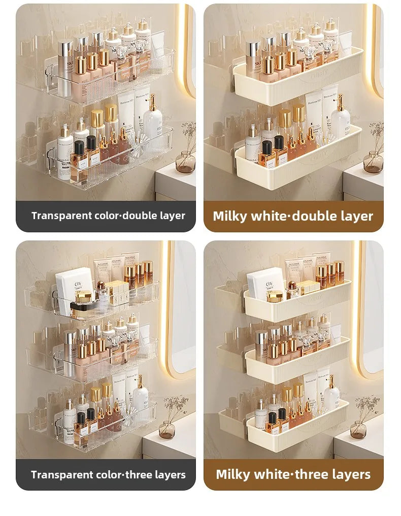 Bathroom Storage Rack - Wall Mounted Cosmetic & Skincare Organizer Shelf, No Drilling, Strong Load Bearing - ZOOMNSTORE