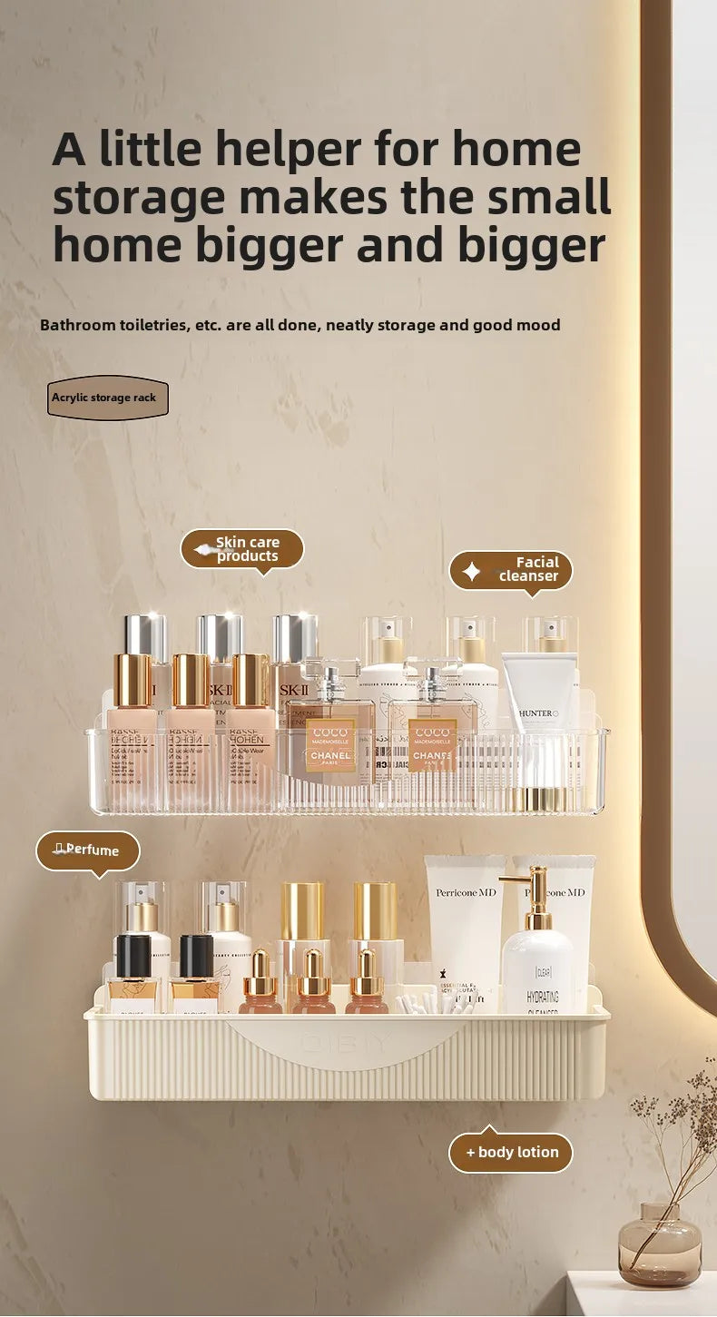 Bathroom Storage Rack - Wall Mounted Cosmetic & Skincare Organizer Shelf, No Drilling, Strong Load Bearing - ZOOMNSTORE