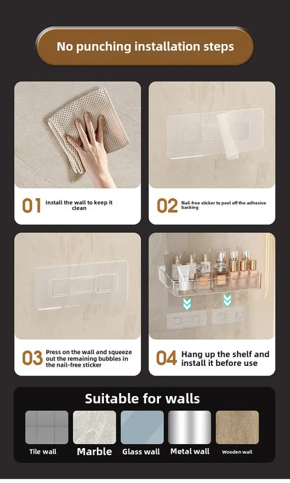 Bathroom Storage Rack - Wall Mounted Cosmetic & Skincare Organizer Shelf, No Drilling, Strong Load Bearing - ZOOMNSTORE