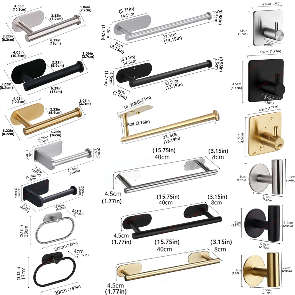 Adhesive Bathroom Hardware Accessories Towel Rack Toilet Paper Dispenser Holder Wall Coat Hooks Towel Rail Ring Roll Hanger Set - ZOOMNSTORE