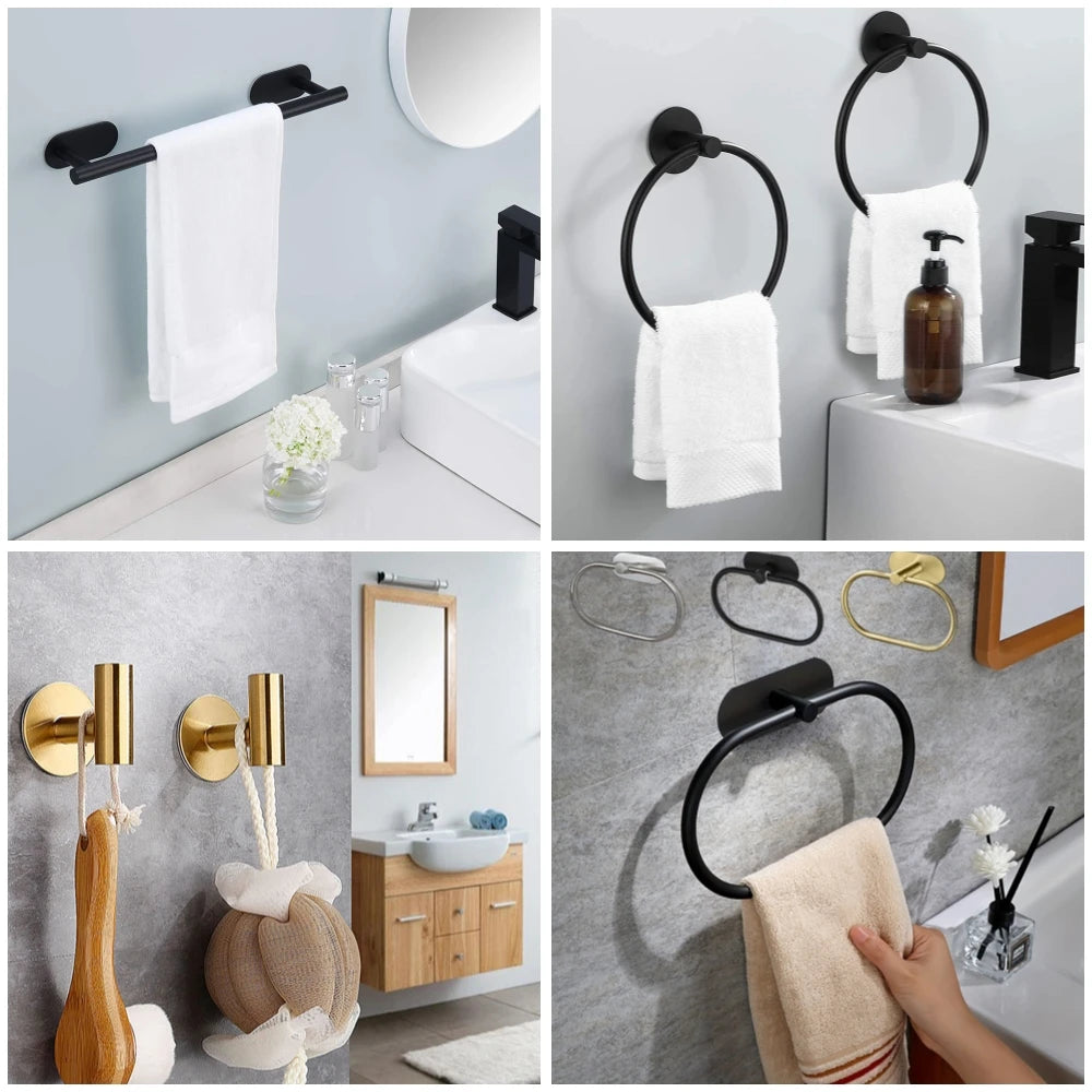 Adhesive Bathroom Hardware Accessories Towel Rack Toilet Paper Dispenser Holder Wall Coat Hooks Towel Rail Ring Roll Hanger Set - ZOOMNSTORE