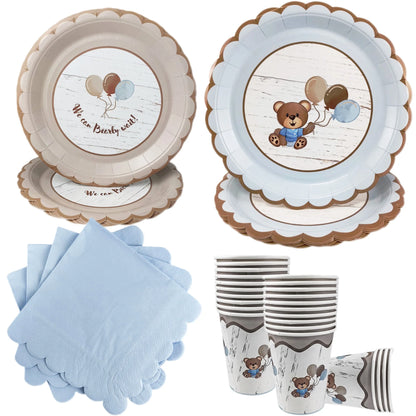 Blue Brown Bear Party Set - Disposable Plates Napkins Cups for Baby Shower or Birthday - ZOOMNSTORE