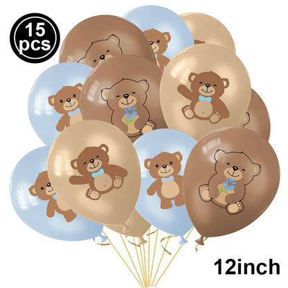 Blue Brown Bear Party Set - Disposable Plates Napkins Cups for Baby Shower or Birthday - ZOOMNSTORE