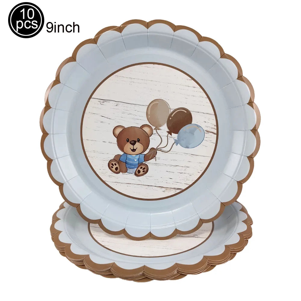Blue Brown Bear Party Set - Disposable Plates Napkins Cups for Baby Shower or Birthday - ZOOMNSTORE