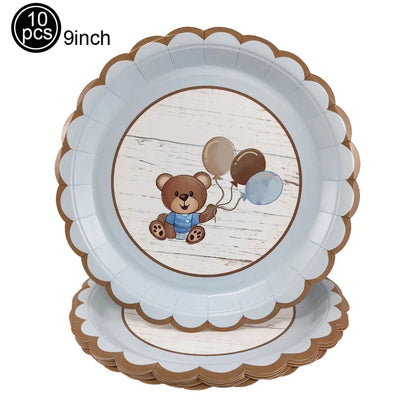 Blue Brown Bear Party Set - Disposable Plates Napkins Cups for Baby Shower or Birthday - ZOOMNSTORE