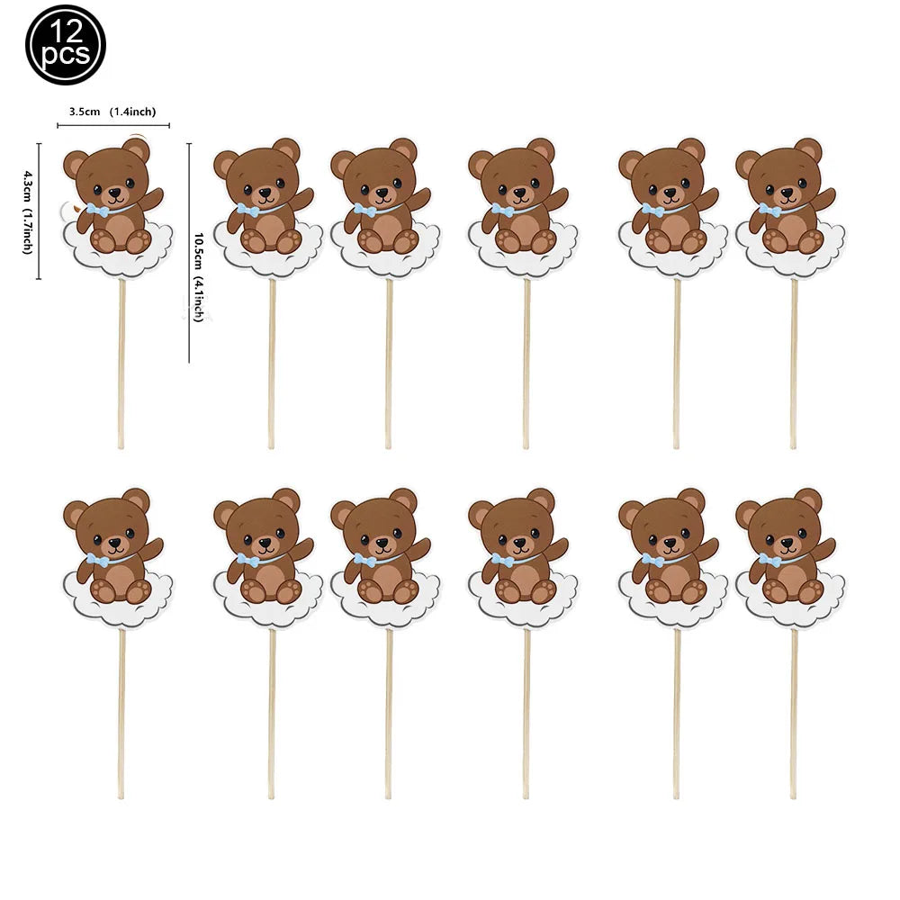 Blue Brown Bear Party Set - Disposable Plates Napkins Cups for Baby Shower or Birthday - ZOOMNSTORE
