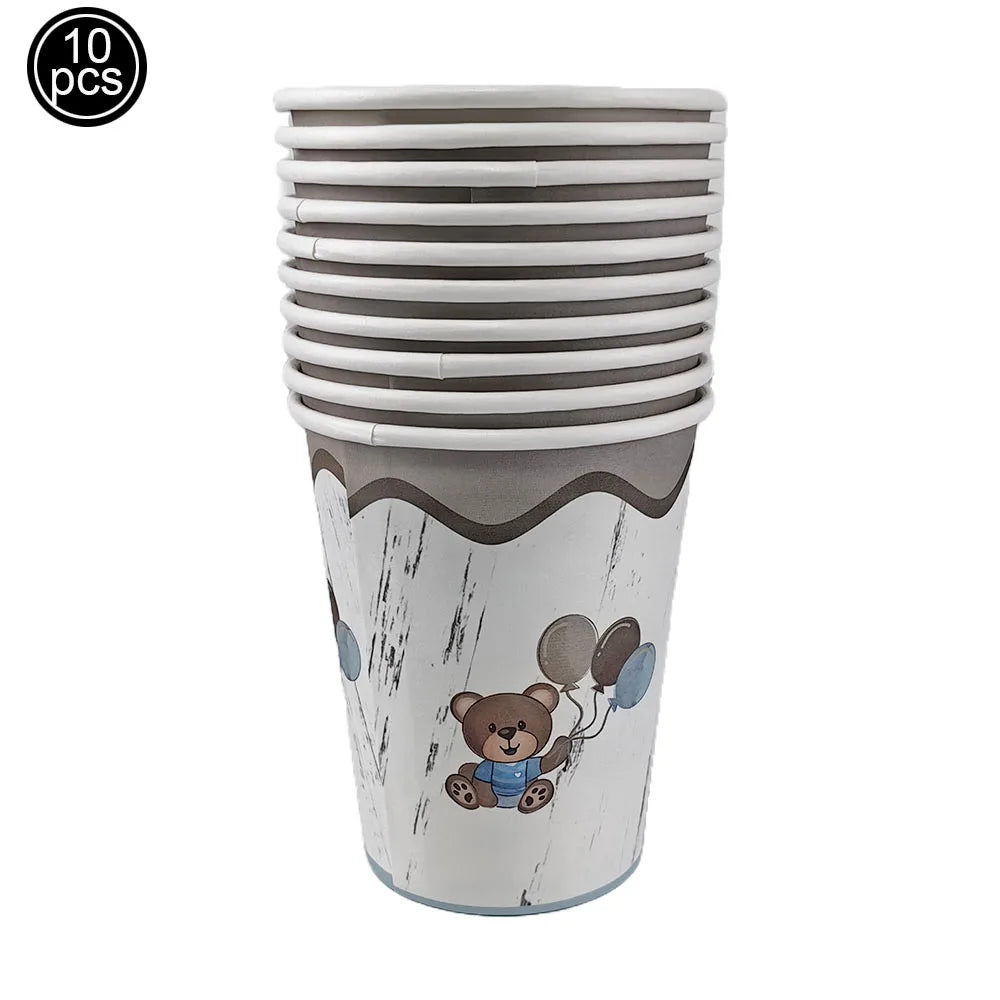 Blue Brown Bear Party Set - Disposable Plates Napkins Cups for Baby Shower or Birthday - ZOOMNSTORE