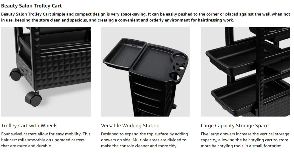 Beauty Salon Cart – Adjustable Height Salon Utility Cart with Lockable Wheels & 360° Rotation - ZOOMNSTORE