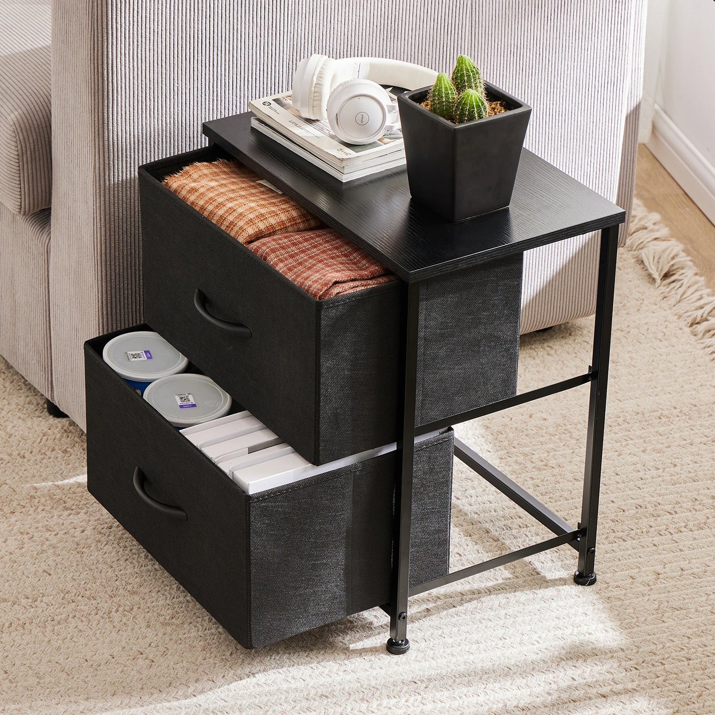 JHK Nightstand with 2 Fabric Drawers - Bedroom Storage Cabinet Furniture - ZOOMNSTORE