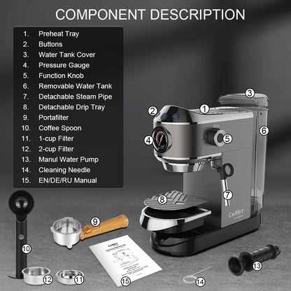 BioloMix Semi-Automatic Coffee Machine with Milk Frother - Espresso Cappuccino Latte Mocha Maker - ZOOMNSTORE