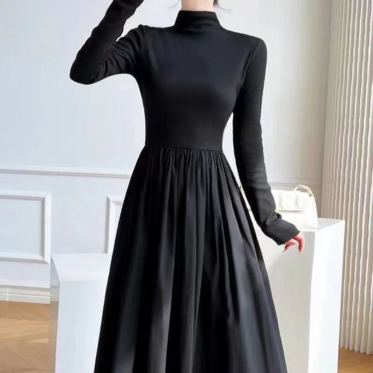 Elegant Black A-Line Midi Dress - Womens High Waist Long Sleeve Slim Fit for Autumn Winter - ZOOMNSTORE