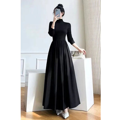 Elegant Black A-Line Midi Dress - Womens High Waist Long Sleeve Slim Fit for Autumn Winter - ZOOMNSTORE
