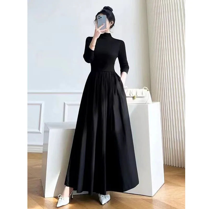 Elegant Black A-Line Midi Dress - Womens High Waist Long Sleeve Slim Fit for Autumn Winter - ZOOMNSTORE