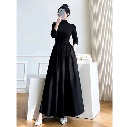 Elegant Black A-Line Midi Dress - Womens High Waist Long Sleeve Slim Fit for Autumn Winter - ZOOMNSTORE