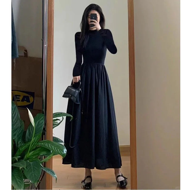 Elegant Black A-Line Midi Dress - Womens High Waist Long Sleeve Slim Fit for Autumn Winter - ZOOMNSTORE