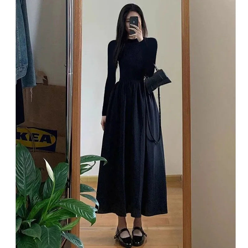 Elegant Black A-Line Midi Dress - Womens High Waist Long Sleeve Slim Fit for Autumn Winter - ZOOMNSTORE