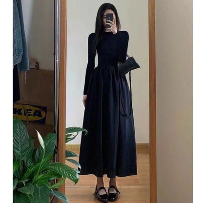 Elegant Black A-Line Midi Dress - Womens High Waist Long Sleeve Slim Fit for Autumn Winter - ZOOMNSTORE