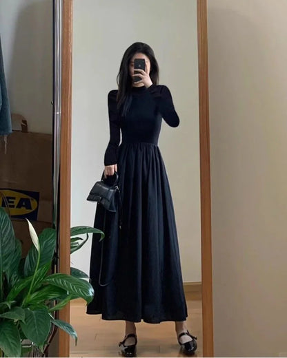 Elegant Black A-Line Midi Dress - Womens High Waist Long Sleeve Slim Fit for Autumn Winter - ZOOMNSTORE