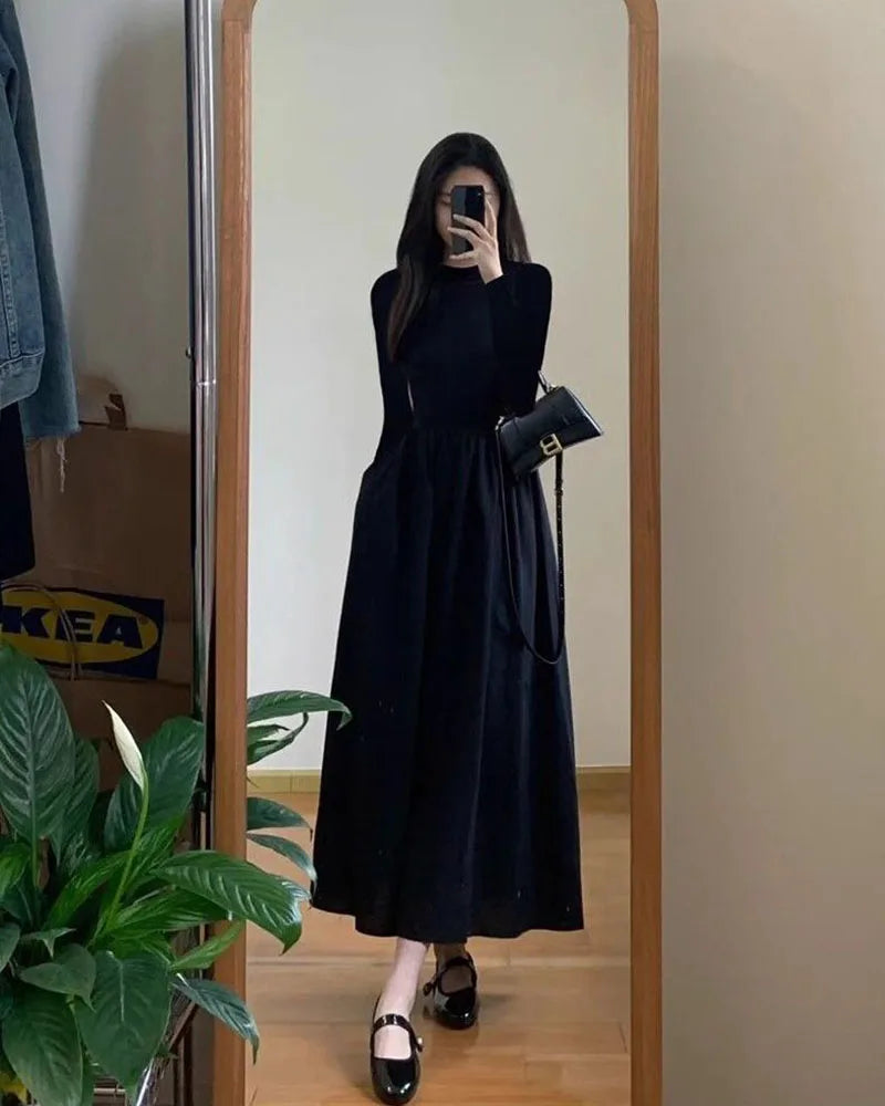 Elegant Black A-Line Midi Dress - Womens High Waist Long Sleeve Slim Fit for Autumn Winter - ZOOMNSTORE
