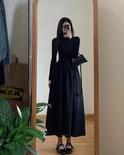 Elegant Black A-Line Midi Dress - Womens High Waist Long Sleeve Slim Fit for Autumn Winter - ZOOMNSTORE
