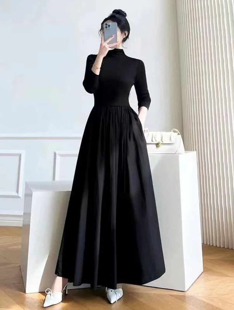 Elegant Black A-Line Midi Dress - Womens High Waist Long Sleeve Slim Fit for Autumn Winter - ZOOMNSTORE