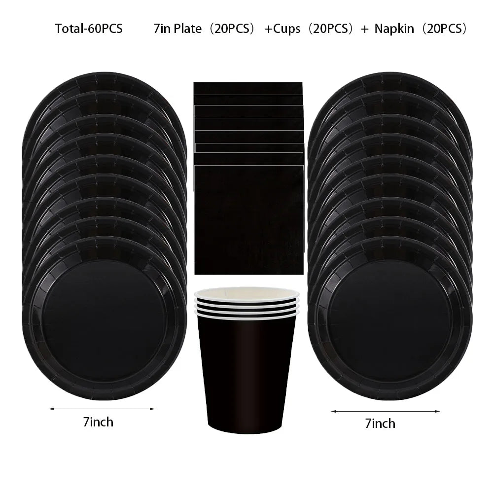 Black Birthday Party Tableware Set - 20-Piece Disposable Plates Cups Paper and Tablecloth - ZOOMNSTORE