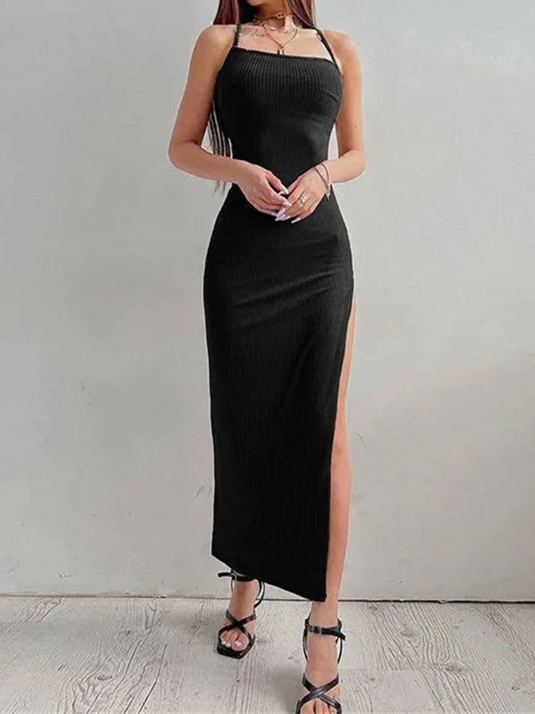 Black Bodycon Dress - Sleeveless Halter Neck High Split Summer Dress - ZOOMNSTORE