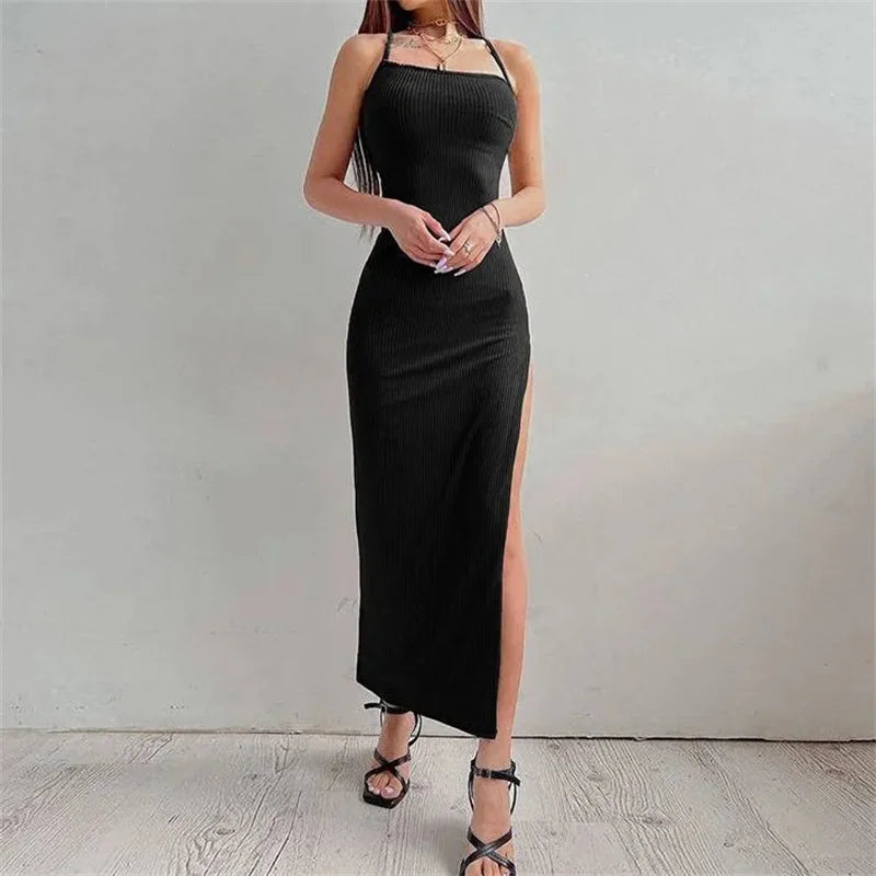 Black Bodycon Dress - Summer Sleeveless Halter Neck Spaghetti Strap High Split - ZOOMNSTORE