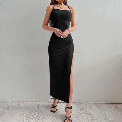 Black Bodycon Dress - Summer Sleeveless Halter Neck Spaghetti Strap High Split - ZOOMNSTORE