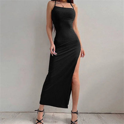 Black Bodycon Dress - Summer Sleeveless Halter Neck Spaghetti Strap High Split - ZOOMNSTORE