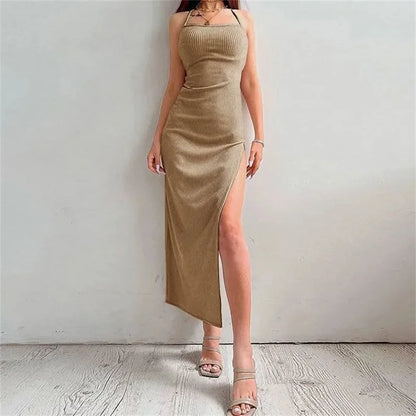 Black Bodycon Dress - Summer Sleeveless Halter Neck Spaghetti Strap High Split - ZOOMNSTORE