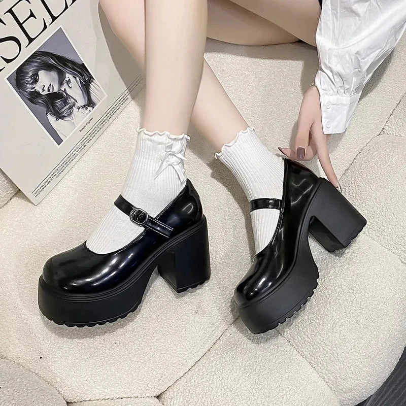 Black Chunky Platform Pumps - Mary Jane Shoes With Square Heel & Ankle Buckle - ZOOMNSTORE
